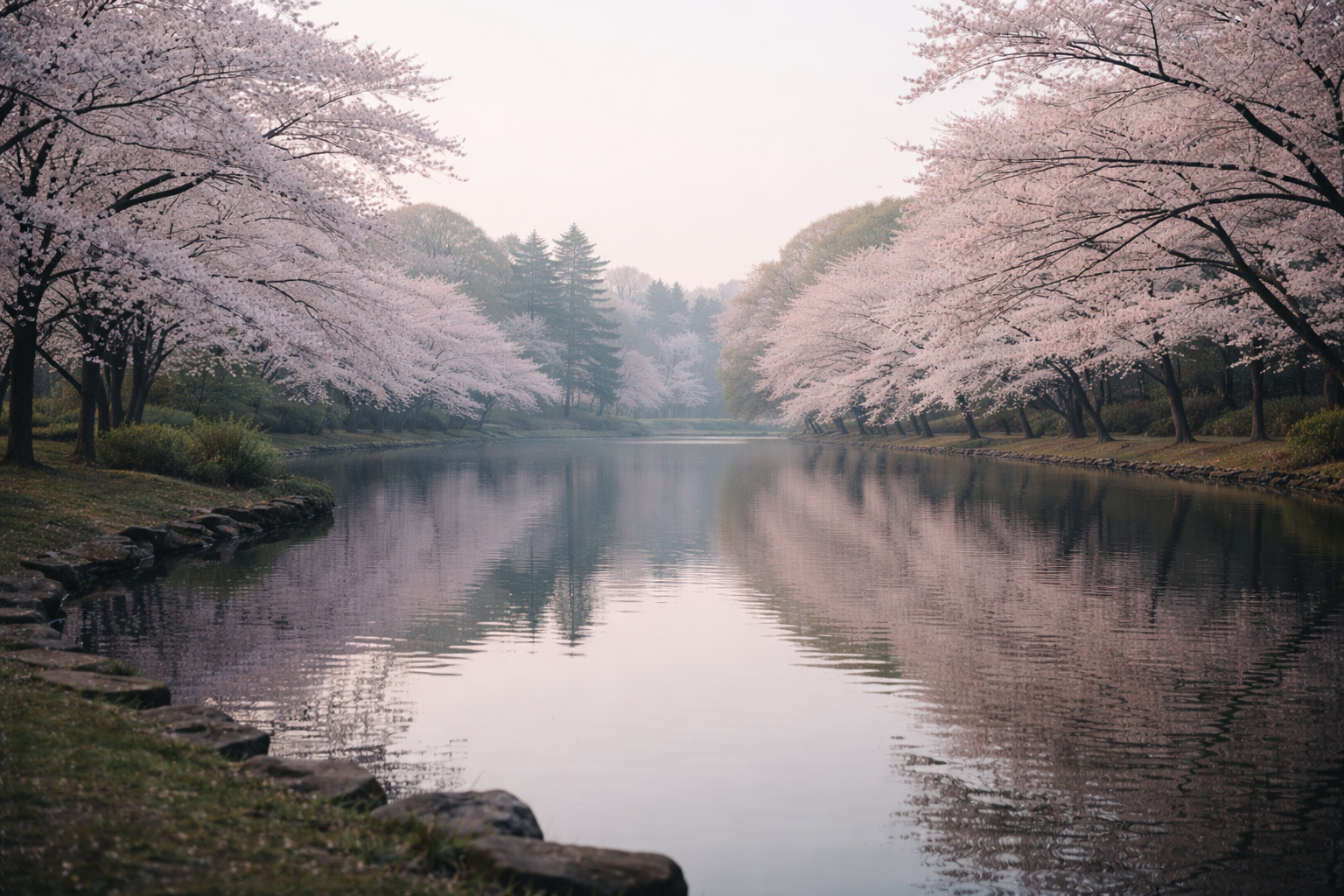 벚꽃과 호수의 평화로운 아침