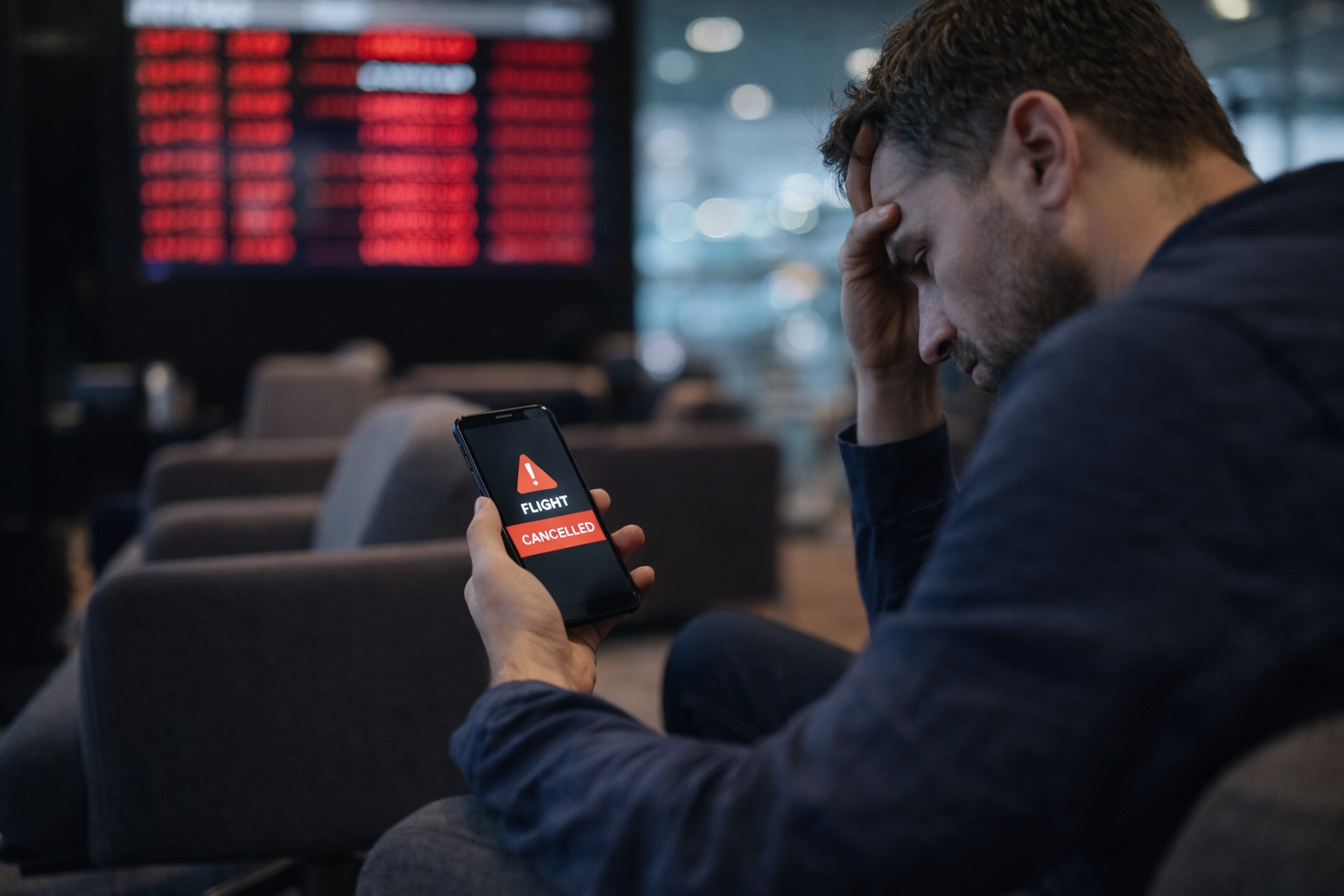 비행 취소 알림에 당황한 남성